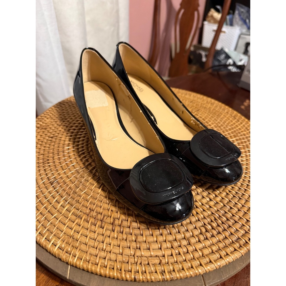 Michael Kors Black Patent Leather Block Heel Buckle Pumps Shoes